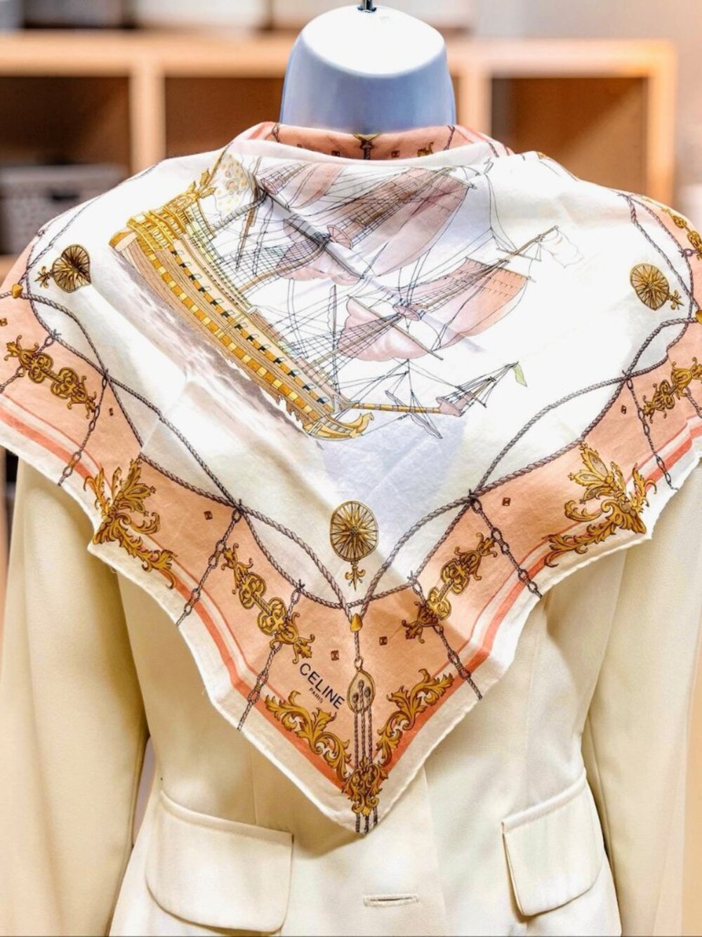 2) Celine Paris Neck-kerchief Cotton made 18.5" white blue red gold chain (89 - Picture 3 of 11